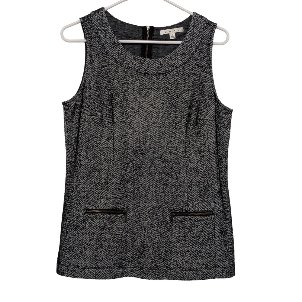 Cabi Womens Black White Herringbone Sleeveless Shell Top Back Zip Pockets Med